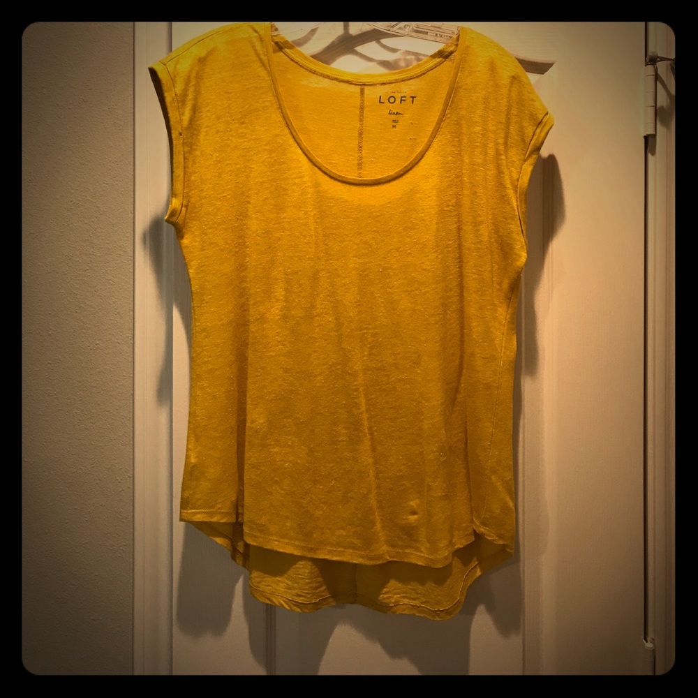 LOFT Soft Mustard Yellow Linen Tee Roll Sleeves